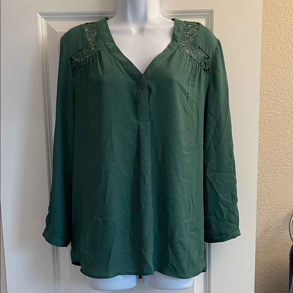 Daniel Rainn Forest Green Blouse with Lace Accents